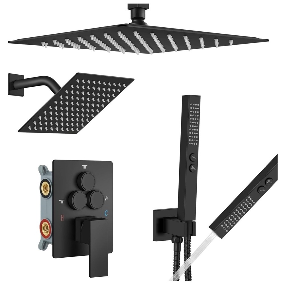 Baetuy Dual Shower System Matte Black 12in 6in Rainfall Handheld Open Box